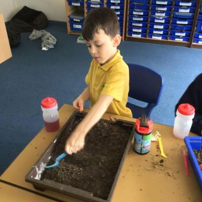 Our History topic this half term was Stoneage, we used different tools to find objects in mud and sand.